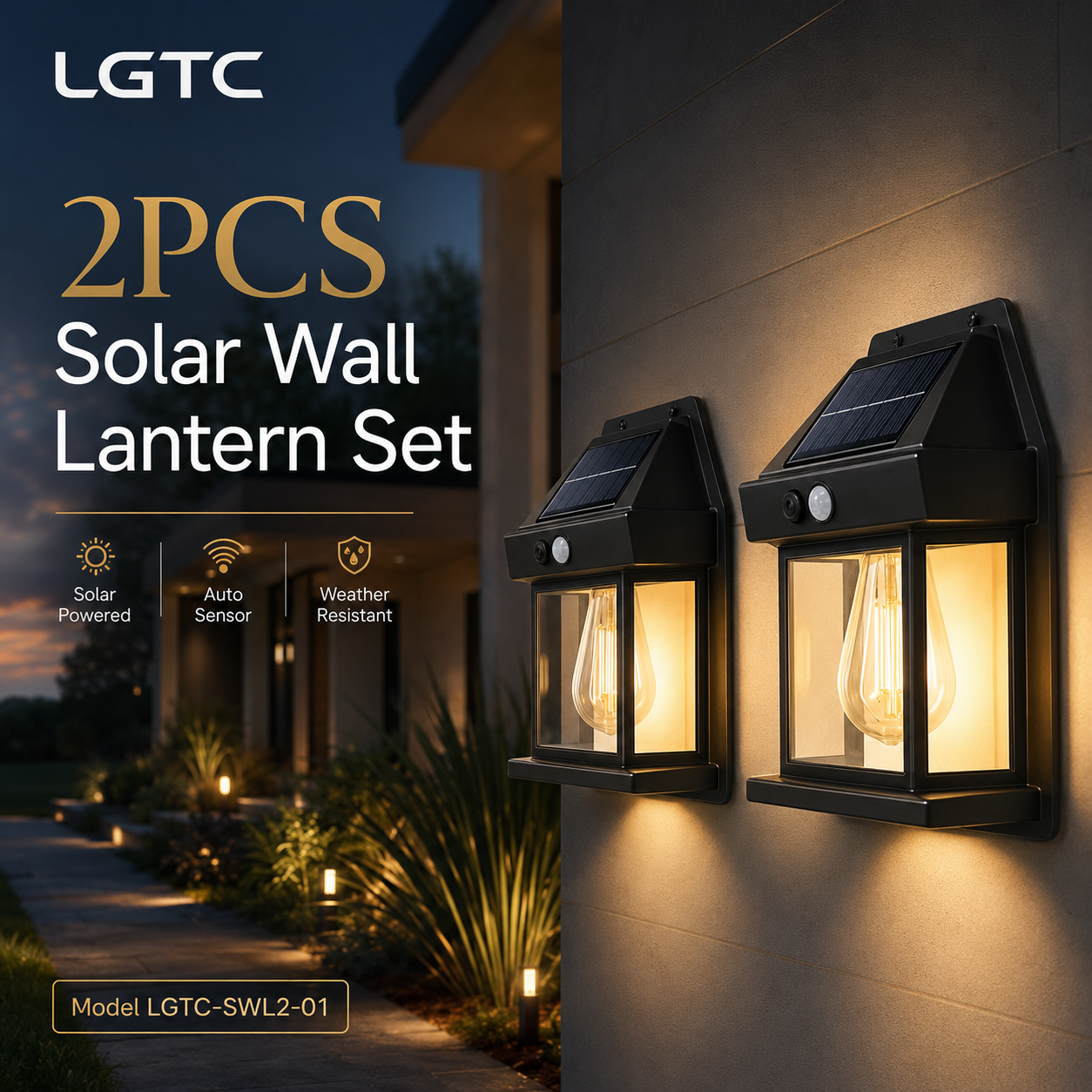 LGTC 2PC Solar Wall Lantern Set – Solar Powered Outdoor Auto Sensor Lights