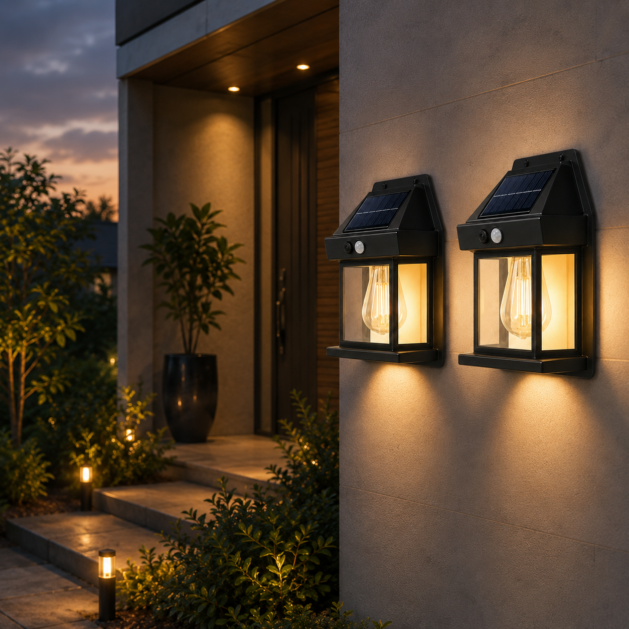LGTC 2PC Solar Wall Lantern Set – Solar Powered Outdoor Auto Sensor Lights - Image 2
