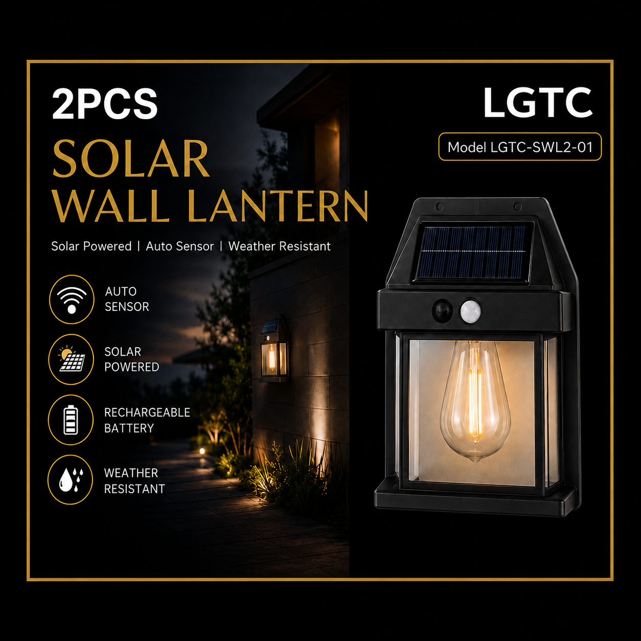 LGTC 2PC Solar Wall Lantern Set – Solar Powered Outdoor Auto Sensor Lights - Image 3