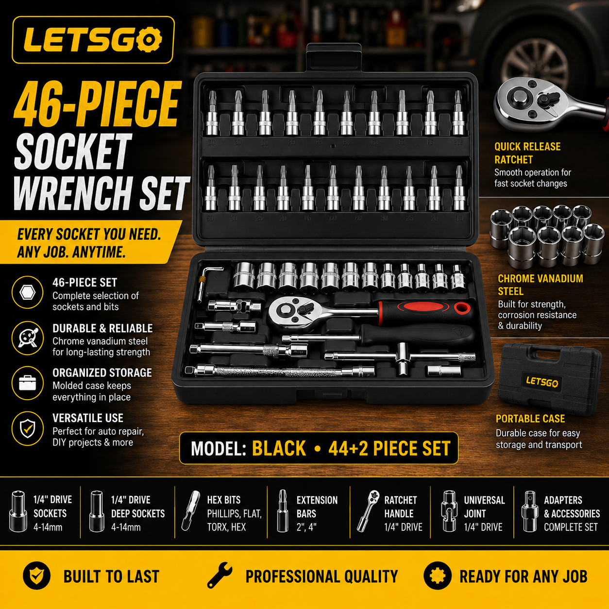 LETSGO 46-Piece Socket Wrench Set with Ratchet & Bits – 1/4" Drive Portable Tool Kit