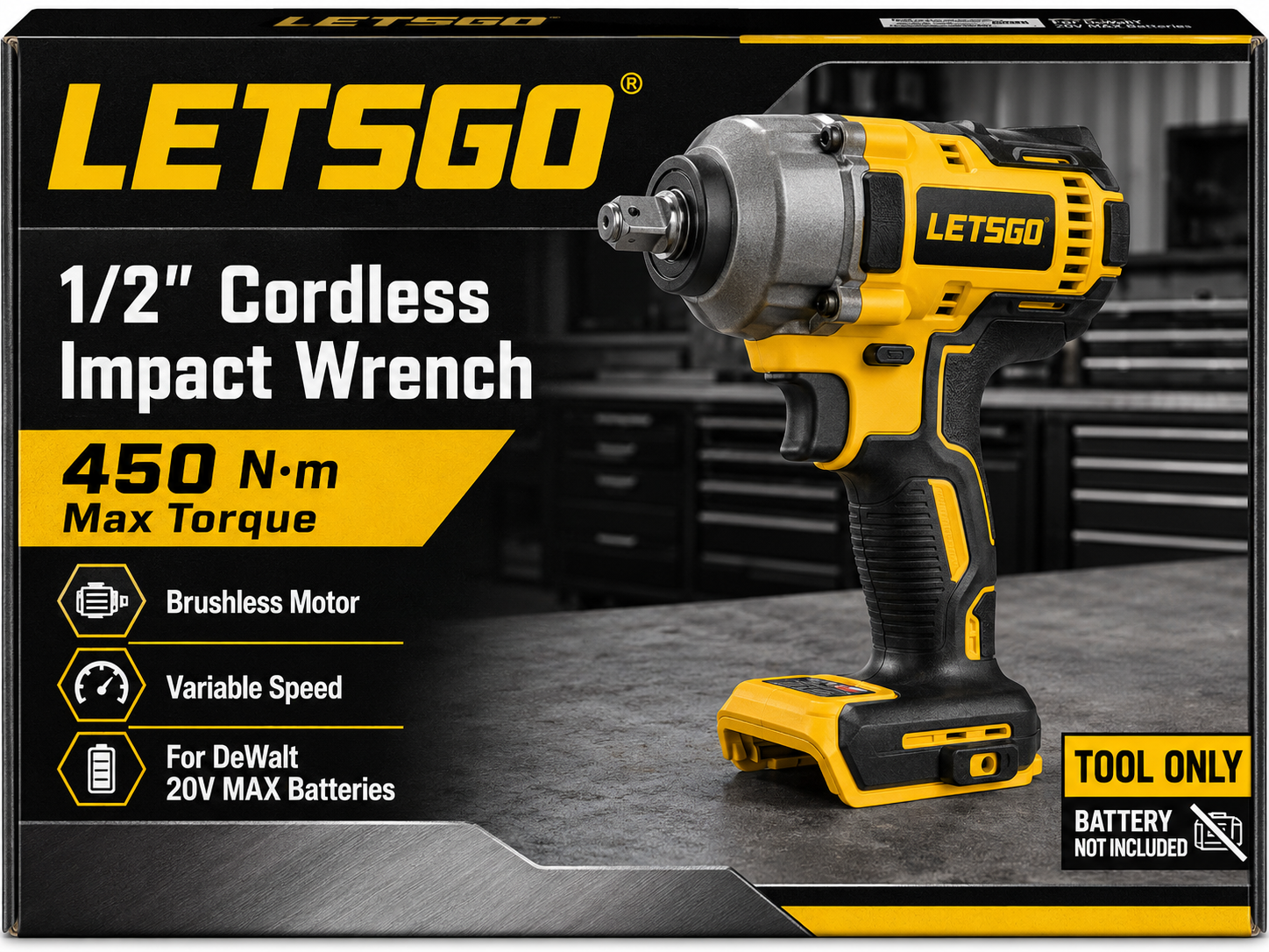 LETSGO 1/2" Cordless Impact Wrench – 450 N·m