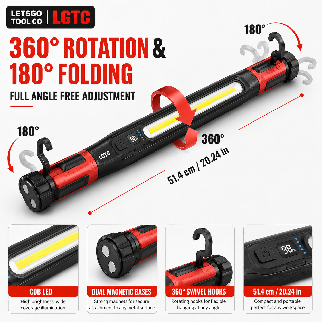 LETSGO Rechargeable LED Work Light with Magnetic Hook – Portable Mechanic & Under-Hood Light - Image 2