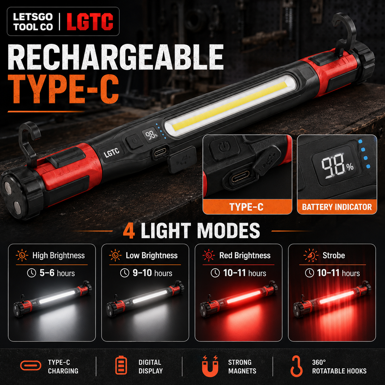 LETSGO Rechargeable LED Work Light with Magnetic Hook – Portable Mechanic & Under-Hood Light - Image 4