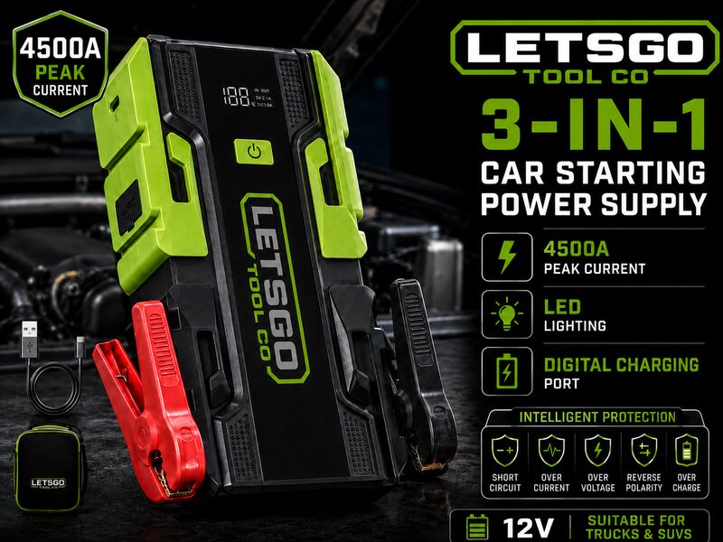 LETSGO 4500A portable car battery jump starter with safety clamps