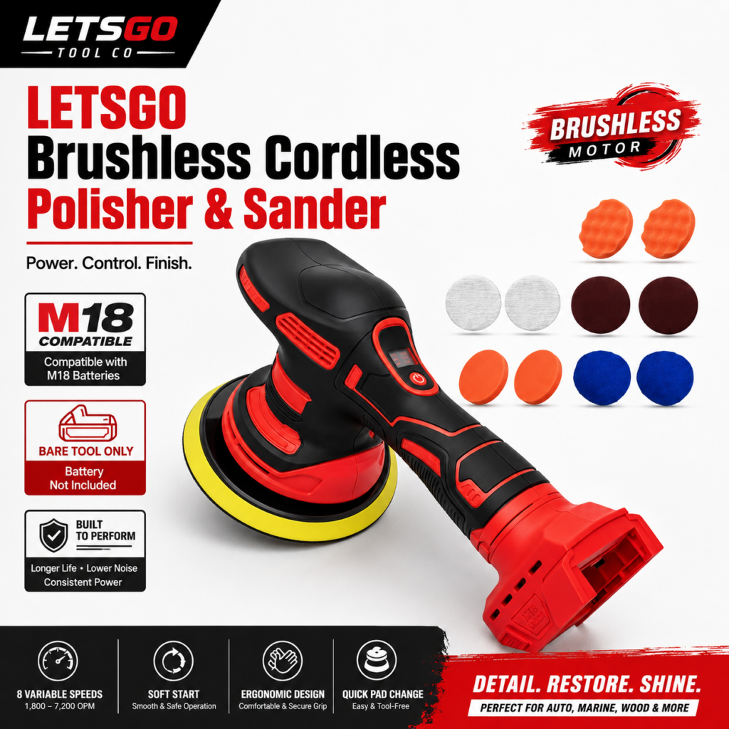 LETSGO 6 inch brushless cordless polisher and sander compatible with Milwaukee M18 batteries