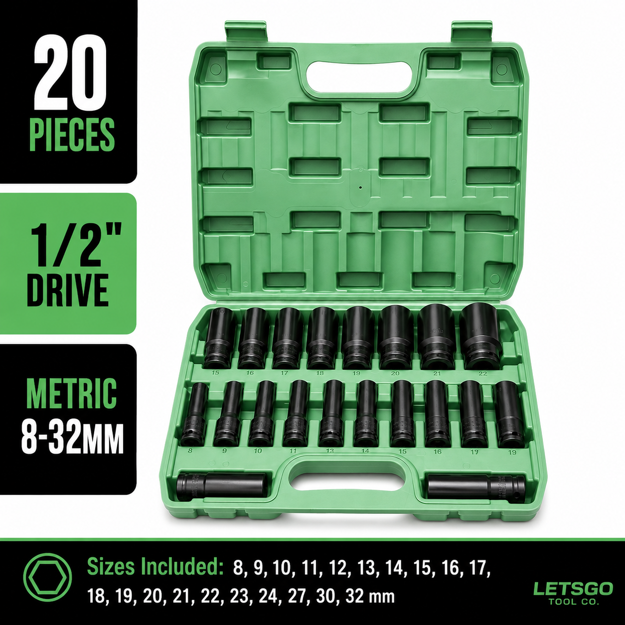 LETSGO 20-piece metric deep impact socket set sizes 8mm to 32mm