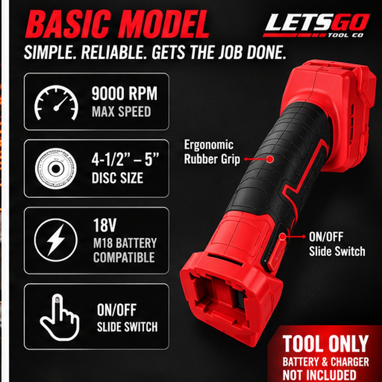 LETSGO basic model cordless angle grinder 9000 RPM product specifications