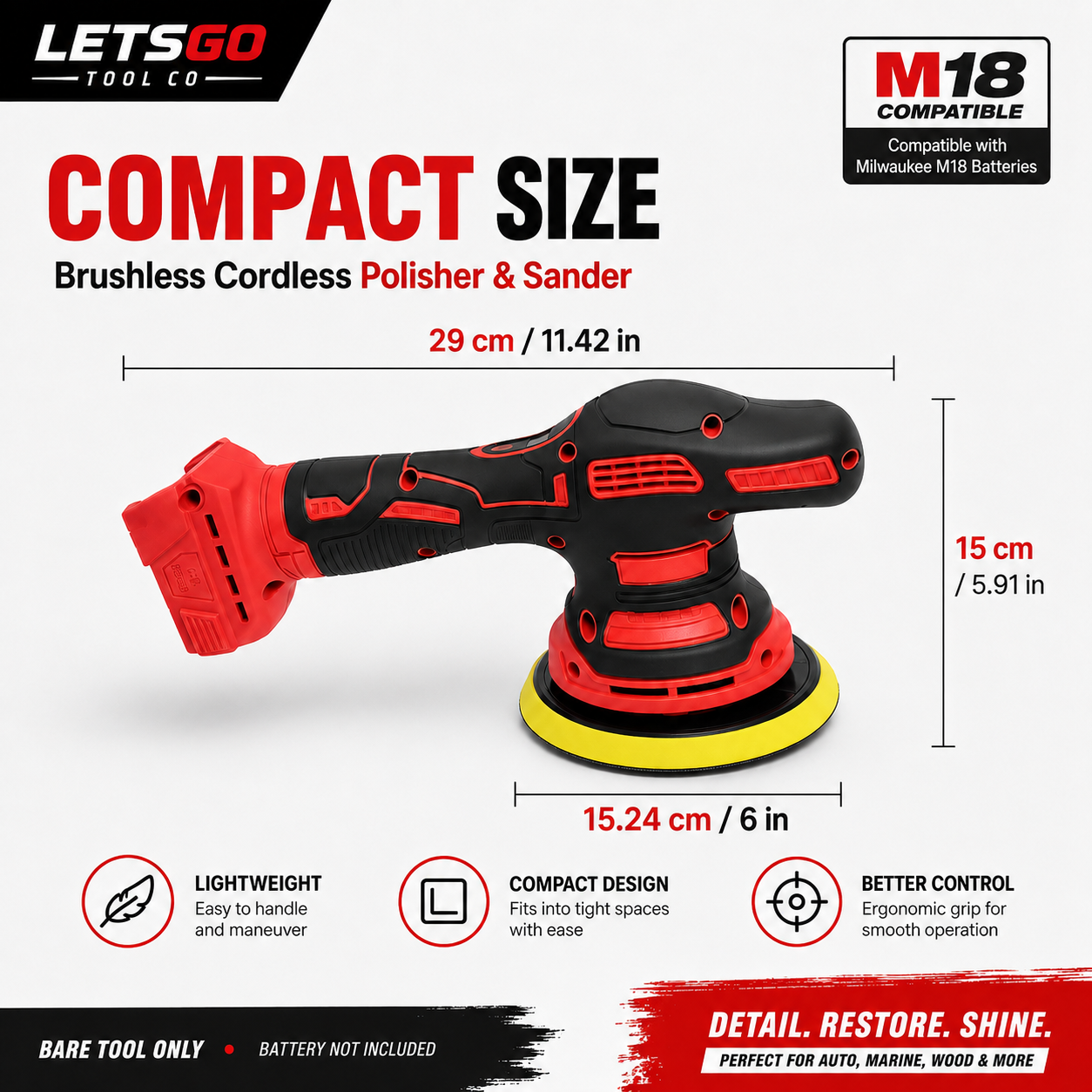 LETSGO 6 inch polisher and sander dimensions and compact size