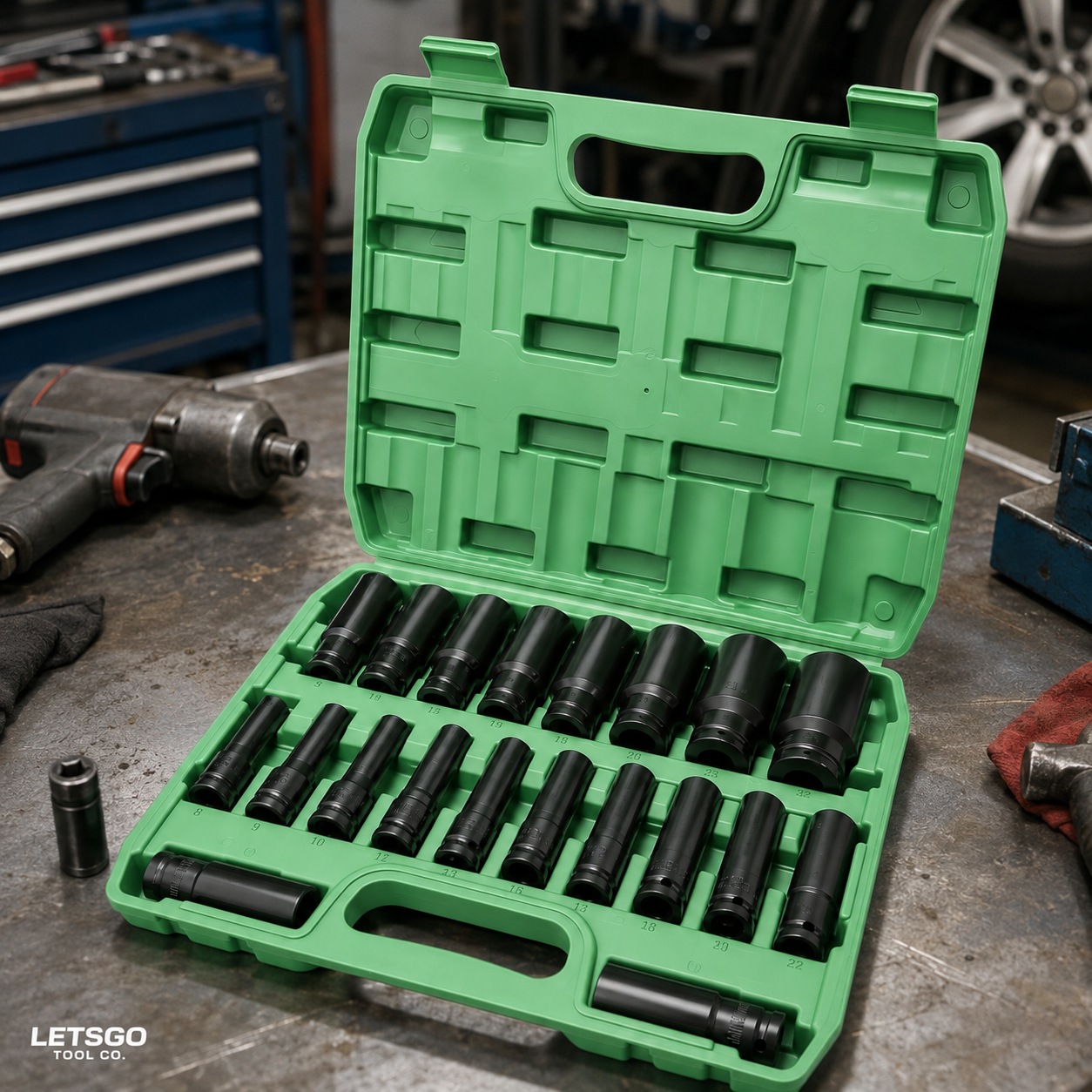 LETSGO deep impact socket set on automotive garage workbench
