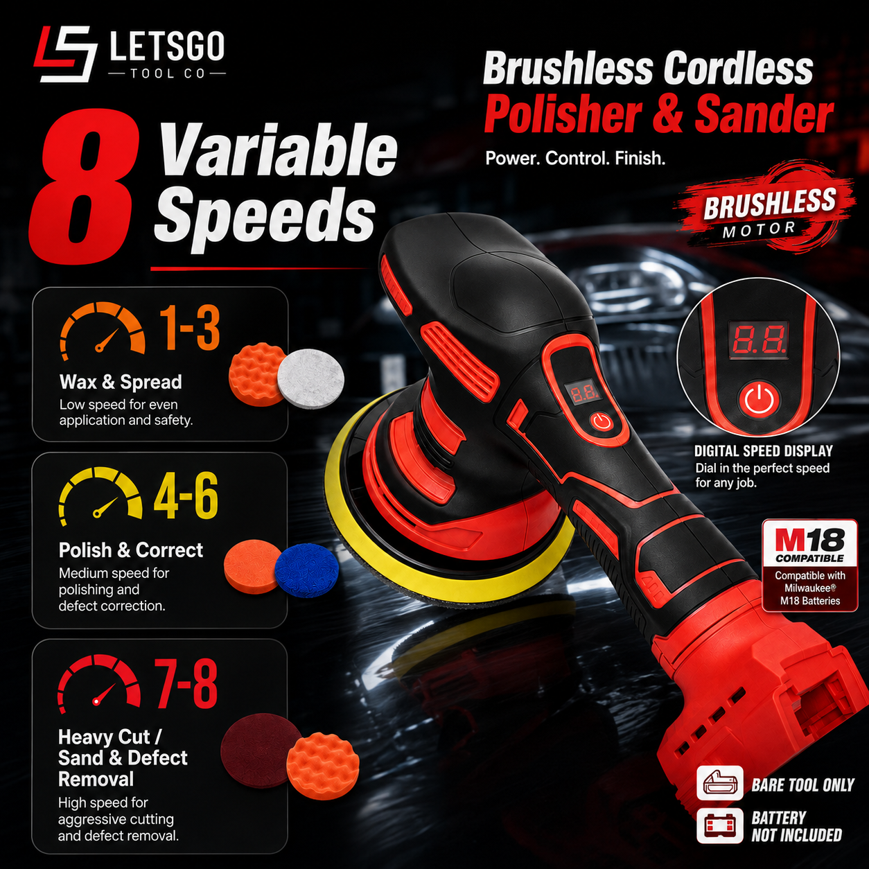 LETSGO cordless polisher and sander with 8 variable speed settings