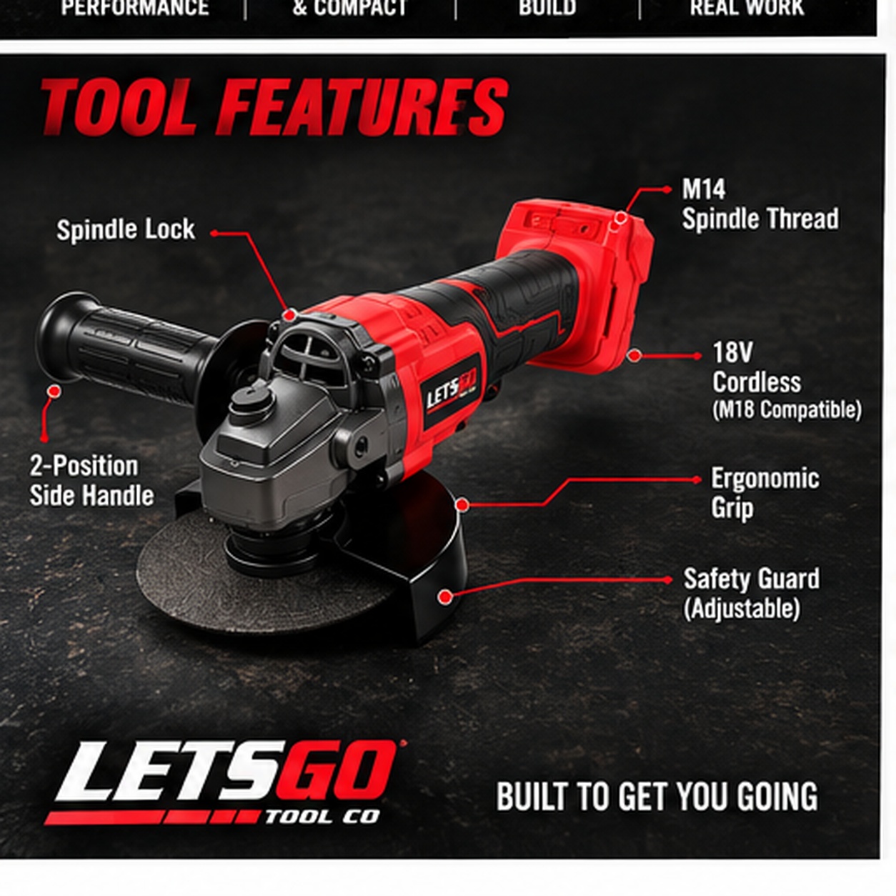 LETSGO brushless cordless angle grinder tool features and controls
