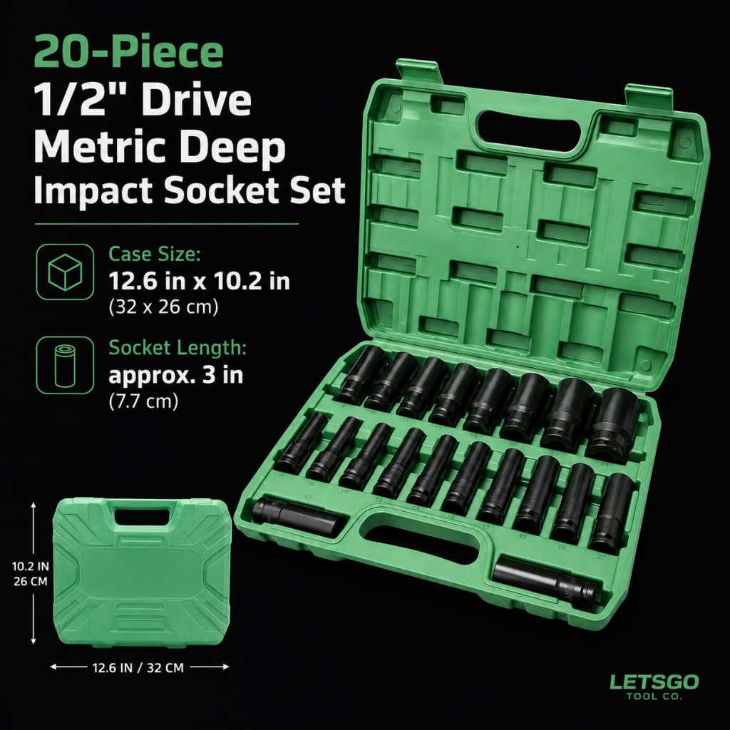 LETSGO 20-piece socket set case dimensions and socket length