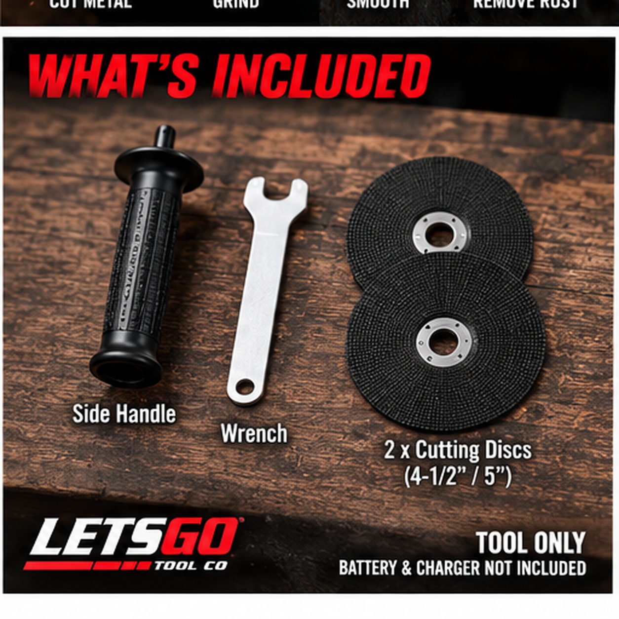 LETSGO cordless angle grinder with included side handle wrench and discs