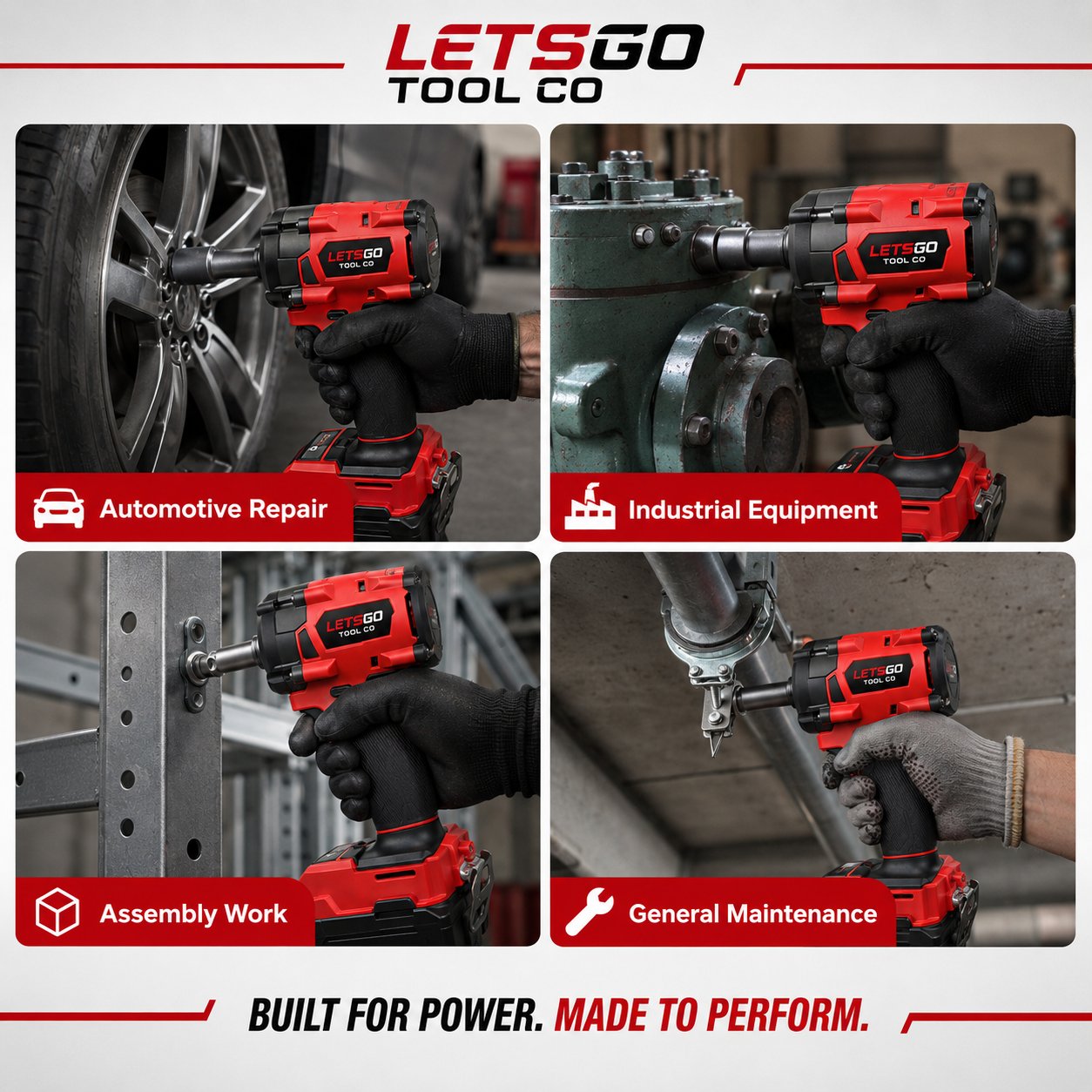 LETSGO red impact wrench used for automotive, industrial, assembly and maintenance work