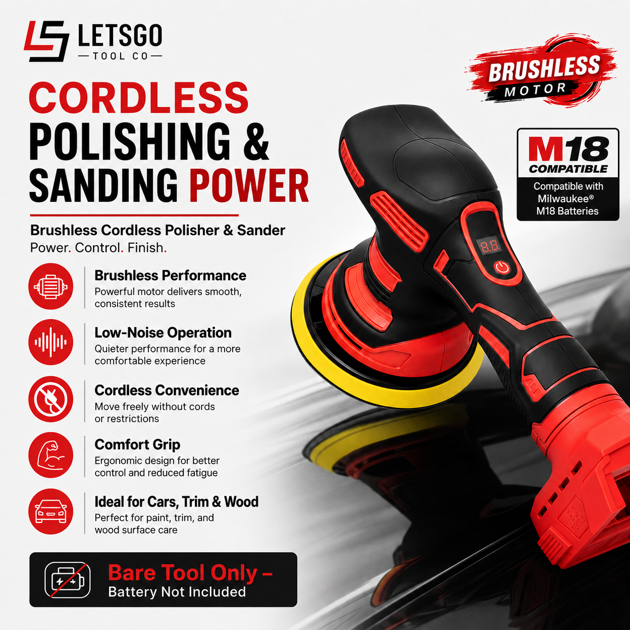 LETSGO cordless polishing and sanding power features and M18 battery compatibility