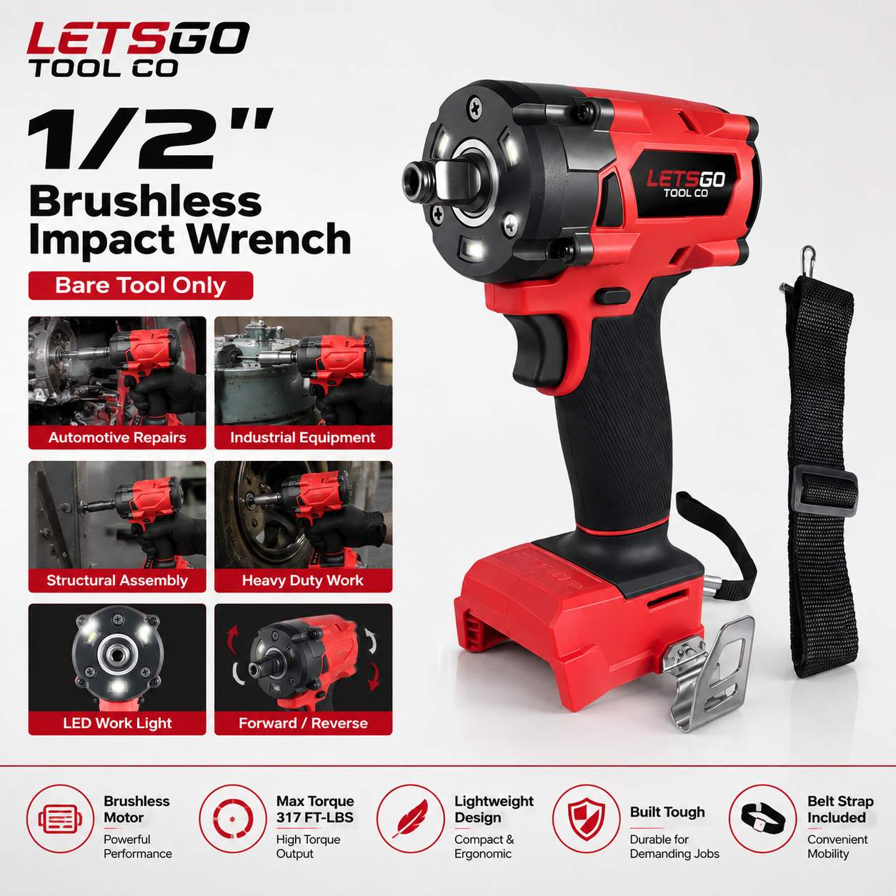 LETSGO red brushless impact wrench with 317 FT-LBS torque, LED light and belt strap