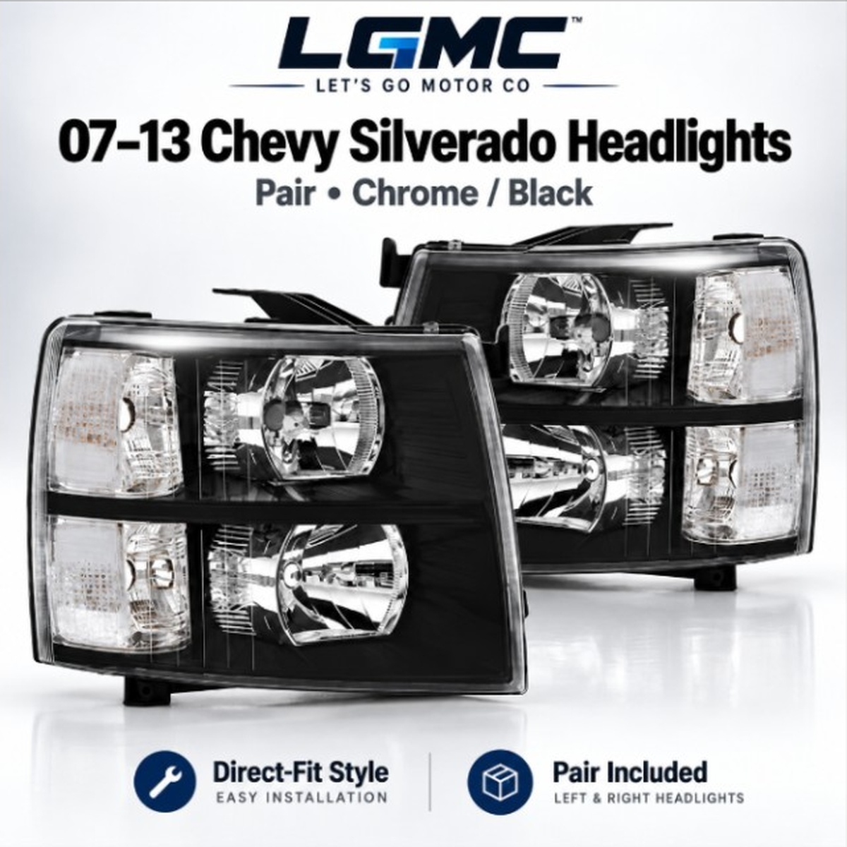 LGMC 2007-2013 Chevy Silverado black housing clear lens headlight pair