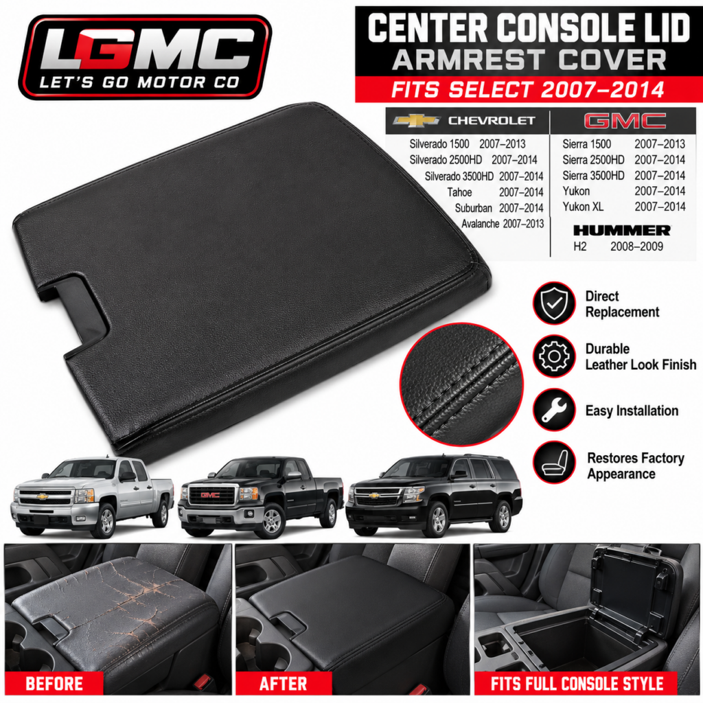 LGMC center console lid armrest cover for select 2007-2014 Chevrolet and GMC trucks and SUVs