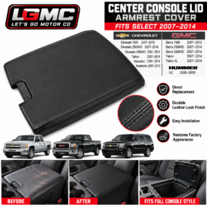 LGMC center console lid armrest cover for select 2007-2014 Chevrolet and GMC trucks and SUVs