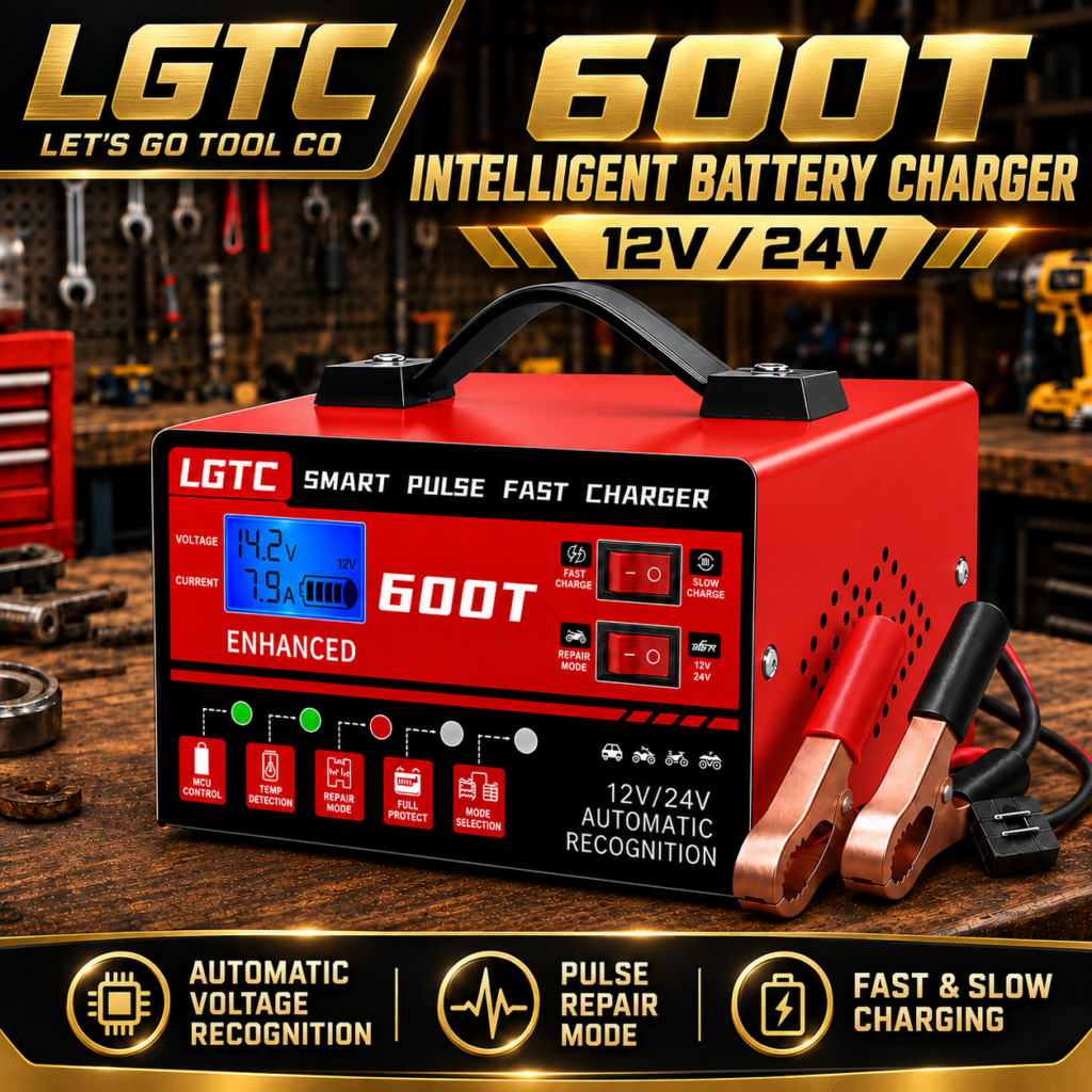 LGTC 600T intelligent 12V/24V battery charger with red housing, clamps, and black and gold LGTC feature graphic