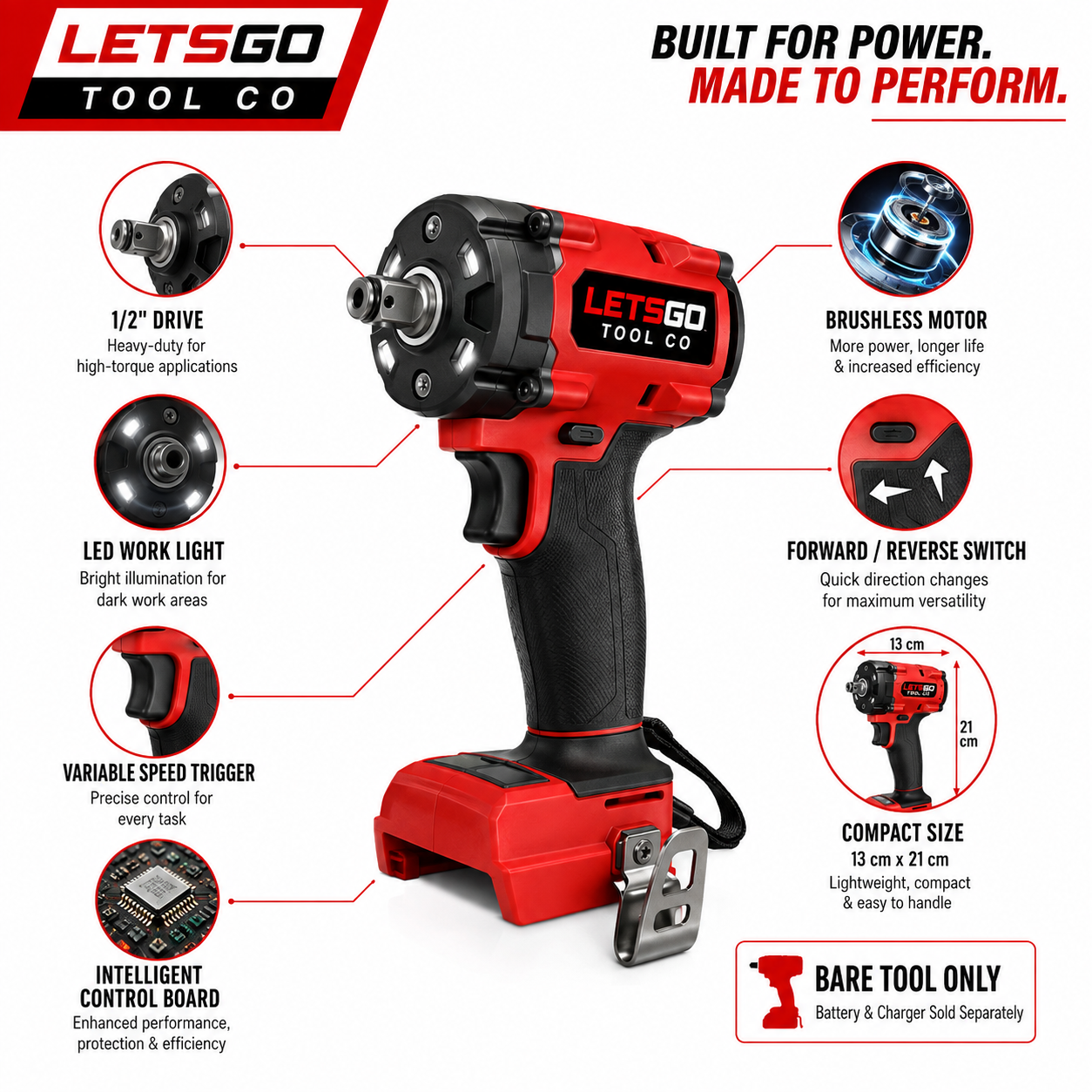 LETSGO compact impact wrench feature overview with 1/2-inch drive, LED light and M18 battery compatibility