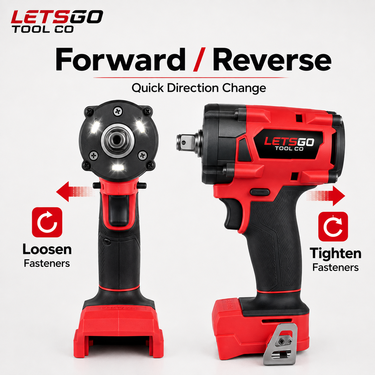 LETSGO impact wrench forward and reverse controls for loosening and tightening fasteners