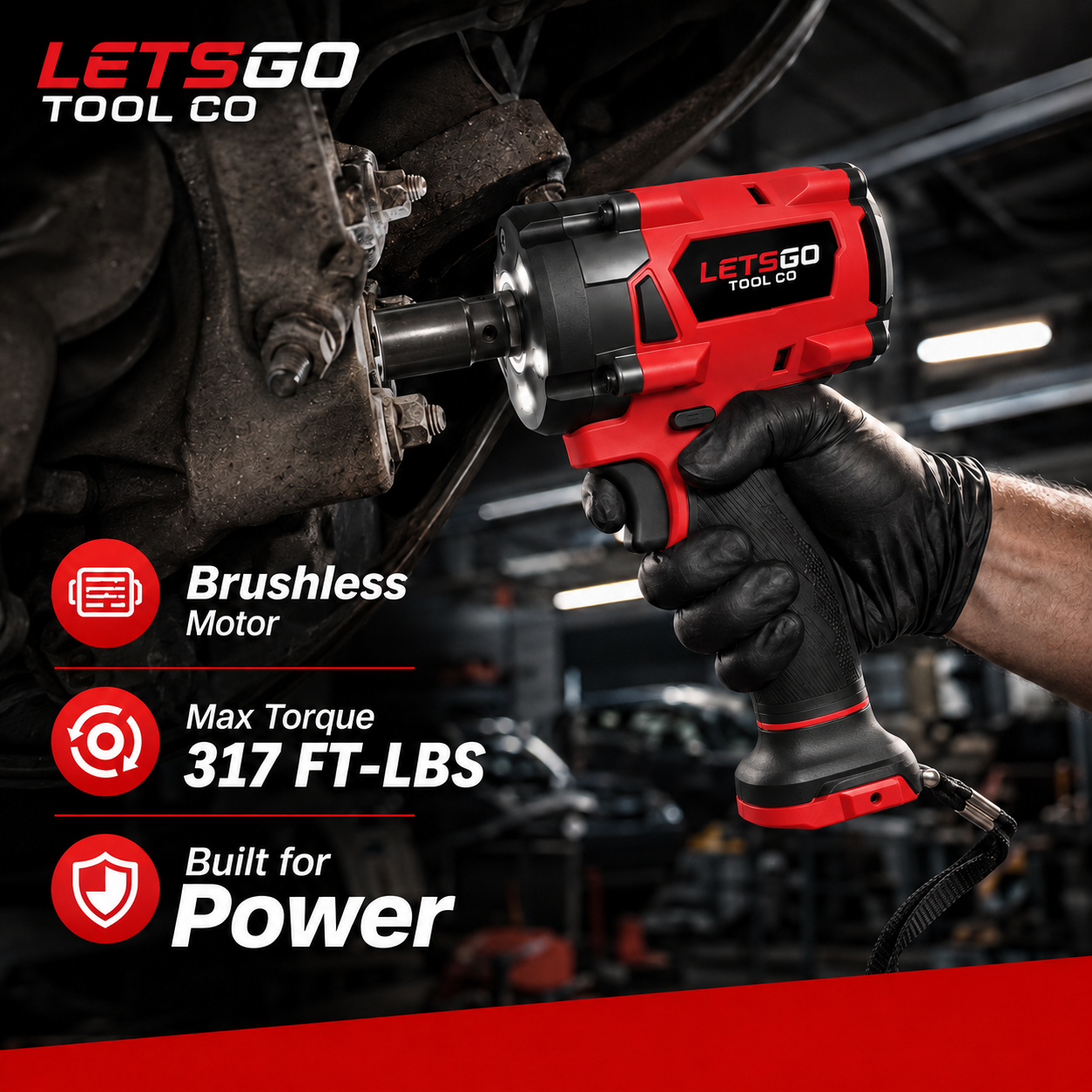 LETSGO 317 FT-LBS brushless impact wrench in automotive repair use