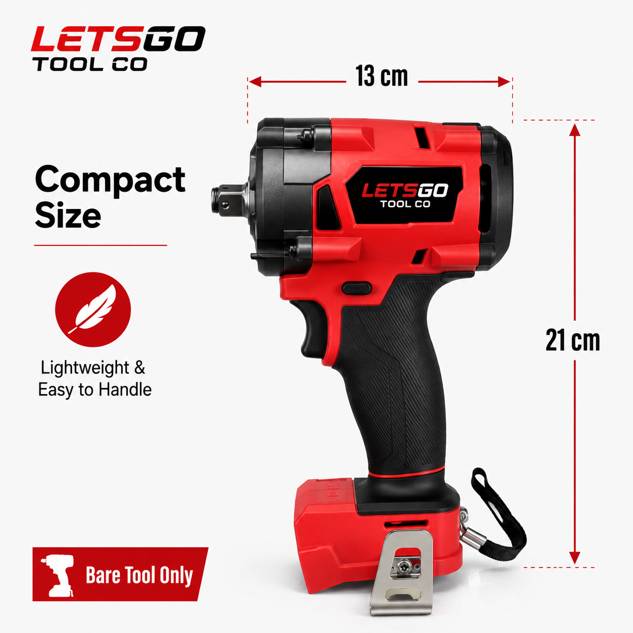 Compact LETSGO impact wrench measuring 13 cm long by 21 cm high