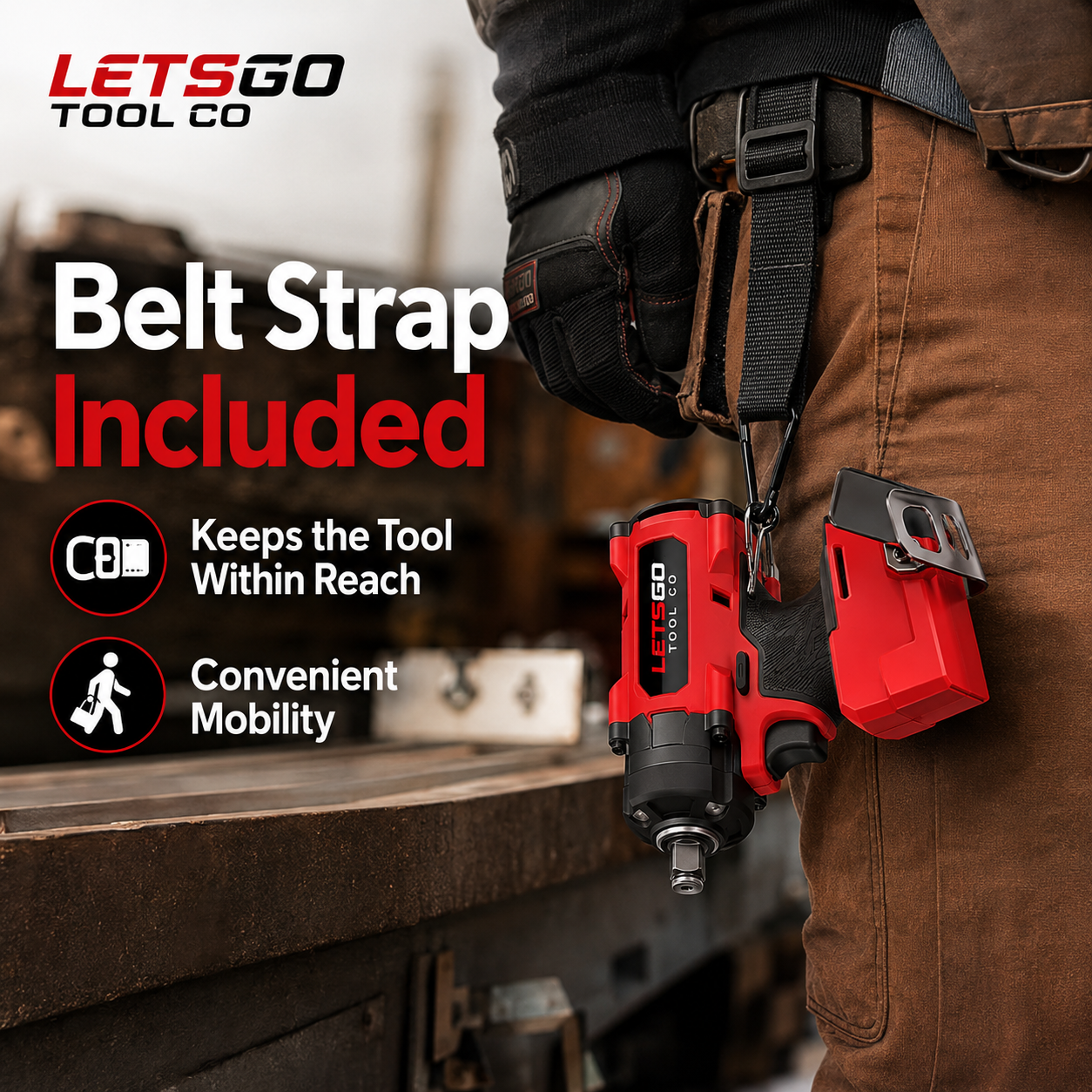 LETSGO compact impact wrench with included belt strap