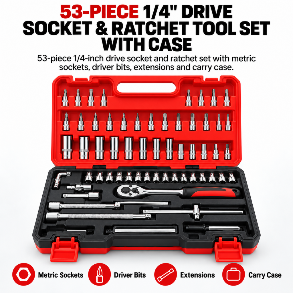 53-piece quarter-inch drive socket and ratchet tool set with case, product features