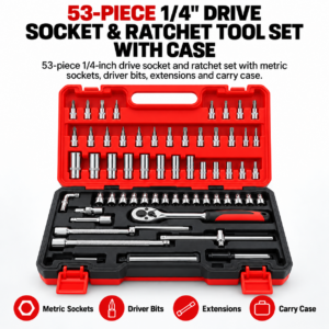 53-piece quarter-inch drive socket and ratchet tool set with case, product features