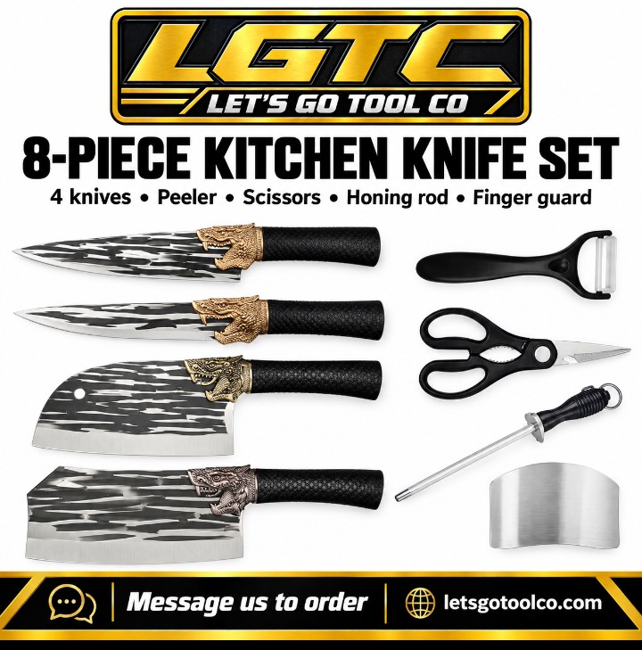 LGTC 8-piece kitchen knife set with four knives, peeler, scissors, honing rod and finger guard