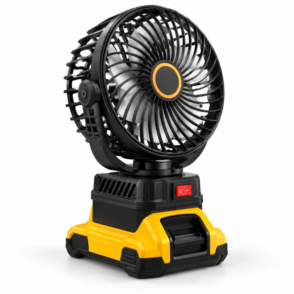 Black and yellow portable jobsite fan compatible with DeWalt 20V MAX batteries, fan only