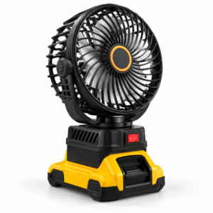 Black and yellow portable jobsite fan compatible with DeWalt 20V MAX batteries, fan only